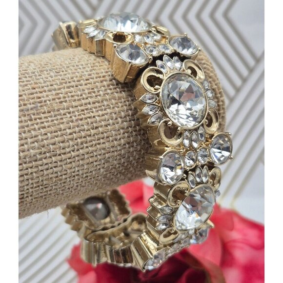 Ann Taylor Gold Tone Chunky Statement Crystal Stretch Bracelet Formal Wide - Picture 6 of 7